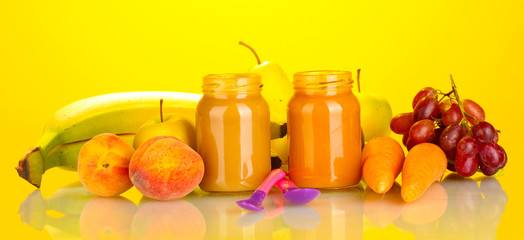 Jars with fruit and vegetables baby food and fruits and