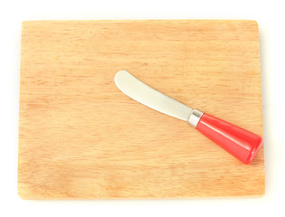 Cutting board with knife for cheese isolated on white close-up