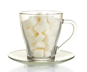 refined sugar in glass cup isolated on white background