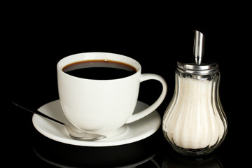 sugar bowl with cup of coffee isolated