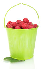 Fresh raspberries in green bucket isolated on white