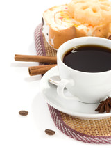 cup of coffee with beans isolated on white