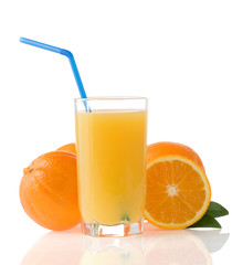 juice and oranges isolated on white