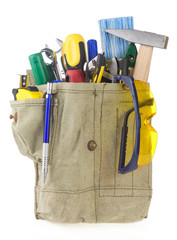 tools in belt bag isolated on white