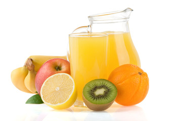 fresh fruits juice in glass and slices isolated on white
