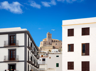 Eivissa Ibiza town with church under blue sky