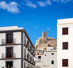 Fototapeta premium Eivissa Ibiza town with church under blue sky