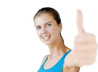 young attractive woman showing thumbs up isolated on white