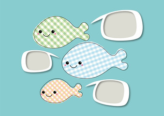 Three cute, smiling fishes with polkadot pattern and speech bubb