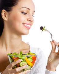 Smiling woman with salad, on white