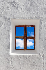 Balearic islands blue sky view through window