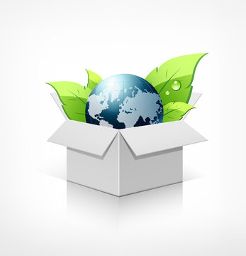 Globe and green leaf in recycle white box. vector
