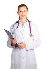 A smiling female doctor with a folder in uniform