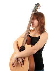 redhead Girl with guitar on a white background