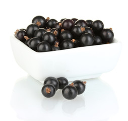 Fresh black currant in white bowl isolated on white