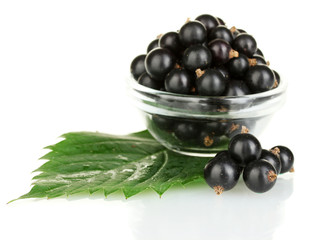 Fresh black currant in transparent bowl isolated on white