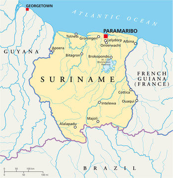 Suriname political map with capital Paramaribo, national borders, most important cities, rivers and lakes. With English labeling and scaling. Illustration. Vector.
