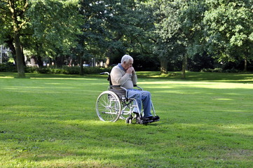 Alter Mann im Rollstuhl steht auf Rasen