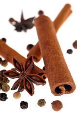 Bâtons de cannelle, badiane et poivre en grains