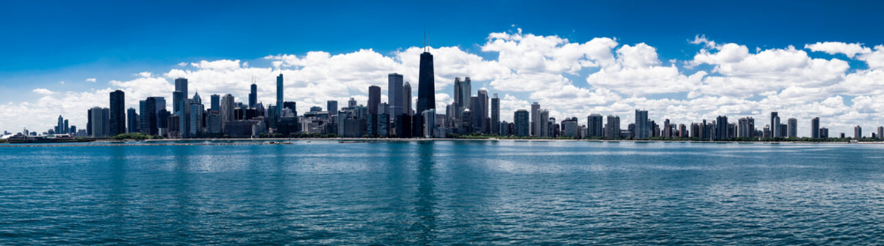 Panoramic View of Chicago Skyline on Bright Sunny Day