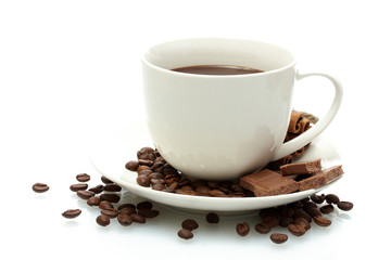 cup of coffee, beans and chocolate isolated on white