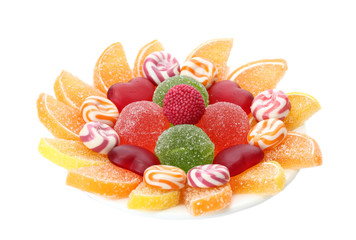 colorful jelly candies on plate isolated on white