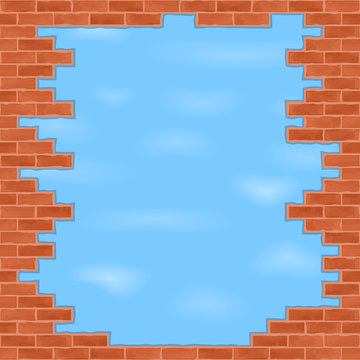 Broken brick wall with blue sky