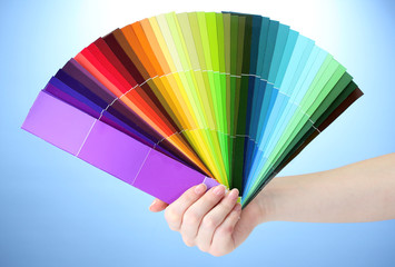 hand holding bright palette of colors on blue background
