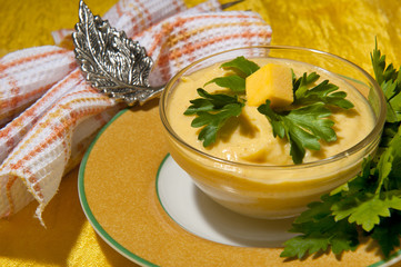 cream of pumpkin and shrimp with nutmeg and parsley