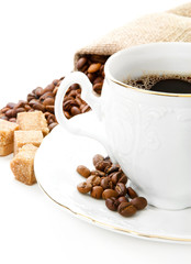 Hot coffee, coffee beans and brown sugar
