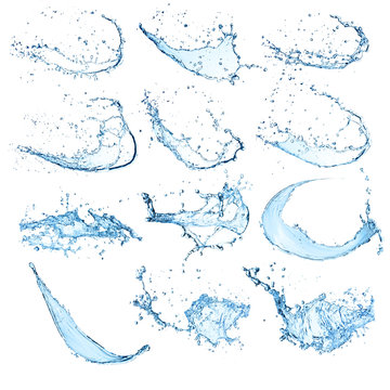 High resolution water splashes collection on white background