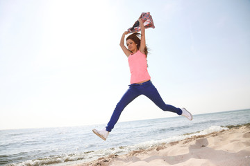 Fototapeta premium Woman happy smiling joyful Beautiful young cheerful Caucasian fe