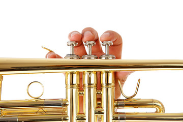 Close-up view of man's fingers as he plays trumpet