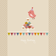 Flying Bird 10 Cupcakes Bunting Retro Colors Beige Dots