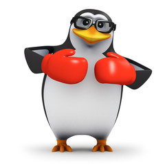 3d Penguin in glasses wears red boxing gloves