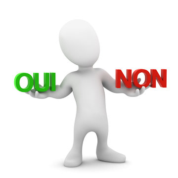 3d Little man choose between oui and non