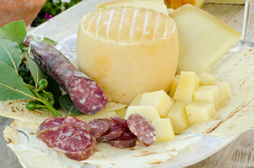pecorino sardo cheese,carasau bread and sausage from Sardinia