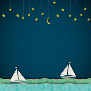 Sailboats at night. Vector paper-art