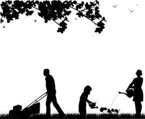 Family activities in garden silhouette