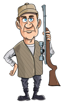 Cartoon hunter holding his gun. Isolated