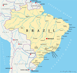 Brazil political map with capital Brasilia, national borders, most important cities, rivers and lakes. Illustration with English labeling and scale. Vector.