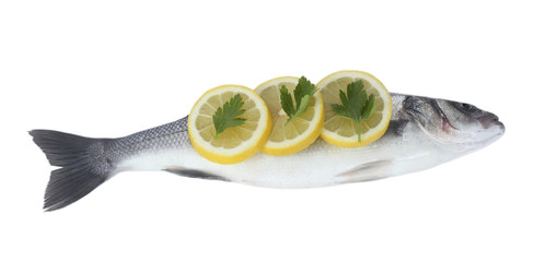 Fresh fish with lemon and parsley isolated on white.