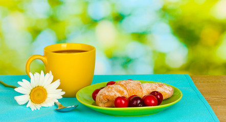 Croissant with cherries and coffee