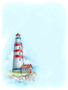 Watercolor background with illustration of lighthouse