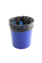 Blue plastic trash and garbage bag on white background.