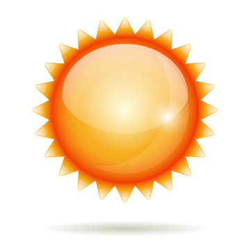 Yellow sun vector glossy label isolated on white.