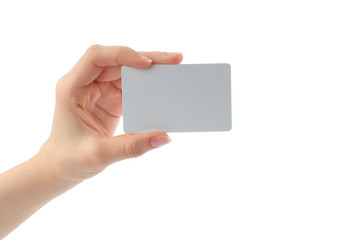 Hand holds business card on white background