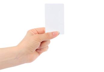 Hand holds business card on white background