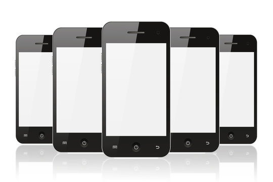 Black smart phones on white background with reflection