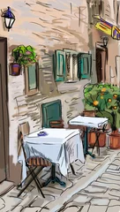 Papier Peint photo Café de rue dessiné Illustration de la vieille ville